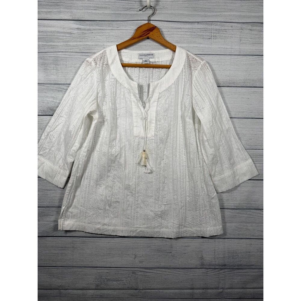 Sag Harbor Tunic Womens PL White Tassel Tie Burnout Print Petite #4469